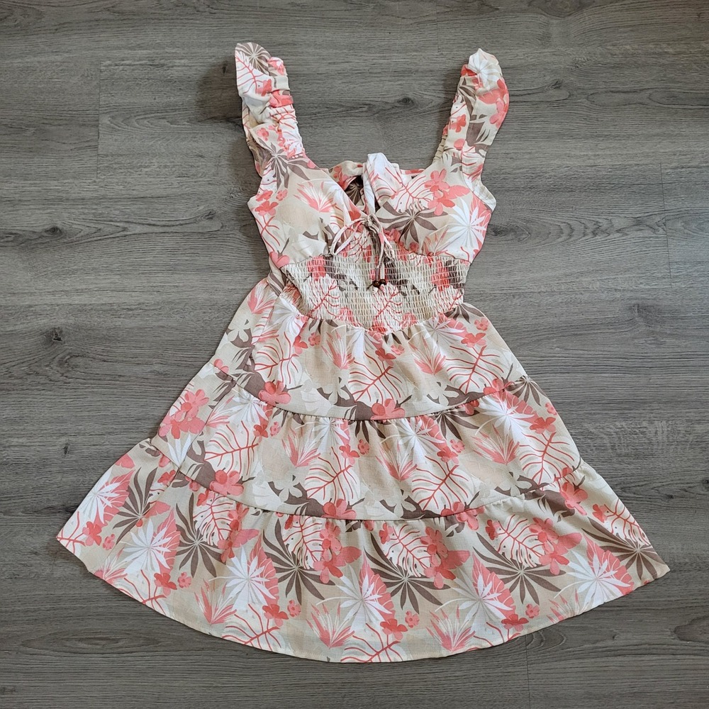 Madden NYC Womens Floral Tropical Babydoll Smocked Tiered Mini Dress Coral Small